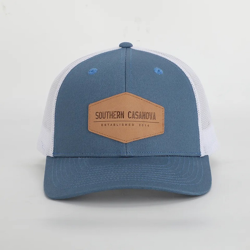 Brugerdefineret høj kvalitet 6 panel Richardson 112 Cap Style Cotton Structured Mesh Trucker Hat med læderplaster