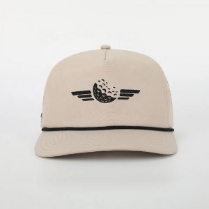 Engros brugerdefineret broderi logo 5 panel far hat høj kvalitet polyester golf gorras, laserskåret hul sport reb sort baseball cap